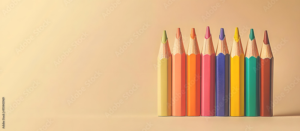 Colorful pencils displayed on a beige backdrop with copy space image Colorful pencils displayed on a beige backdrop with copy space image
