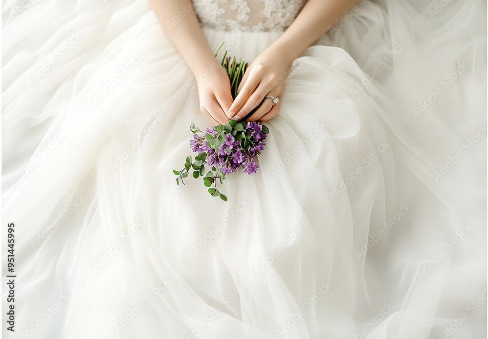 Bride holding clover and lavender bouquet, close-up of hands Bride holding clover and lavender bouquet, close-up of hands