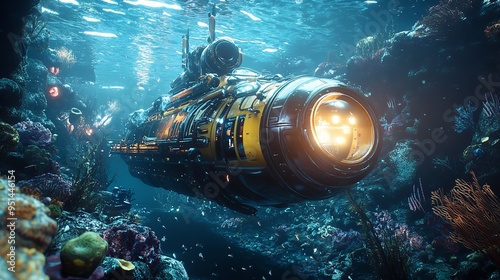 Submarine surrounded by vibrant coral in the underwater world, A futuristic submarine exploring deep-sea life, AI generated