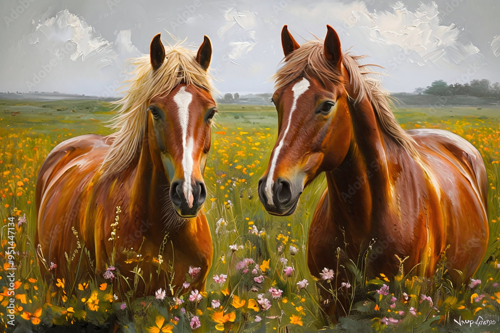 Obraz premium Two horses in a meadow with wildflowers. Painting.