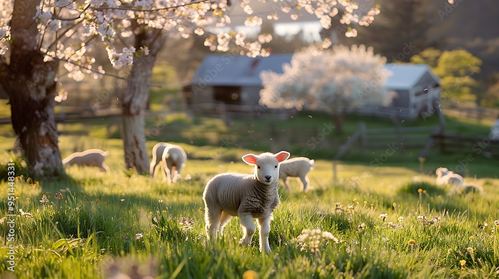 Beautiful grass and springtime blossom create a vibrant farm setting for young lambs to romp about in Beautiful grass and springtime blossom create a vibrant farm setting for young lambs to romp about in