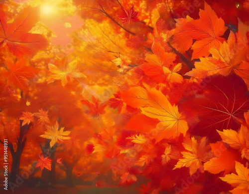 秋の紅葉背景 - カエデの葉とオレンジ色の光 Autumn Foliage Background - Maple Leaves and Orange Light