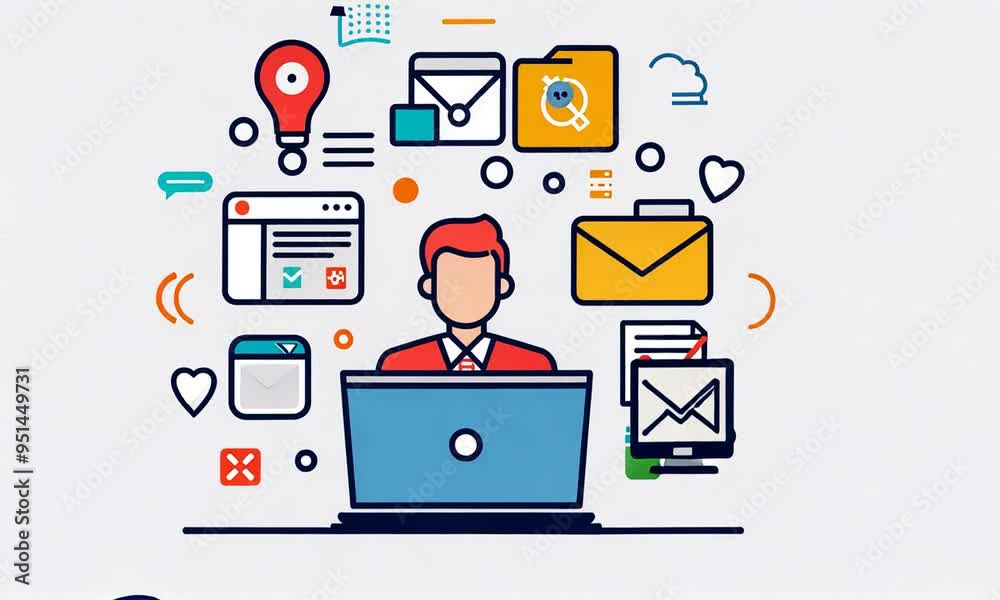 Man Working on Laptop with Technology Icons Surrounding Him Man Working on Laptop with Technology Icons Surrounding Him