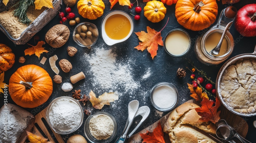 Autumn Baking Ingredients and Pumpkins on a Rustic Surface Autumn Baking Ingredients and Pumpkins on a Rustic Surface