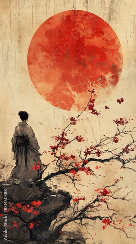 Silhouetted Serenity: A solitary figure in traditional Japanese attire gazes at a majestic red moon rising above a delicate blossom-laden tree, a poignant depiction of tranquility and contemplation. 