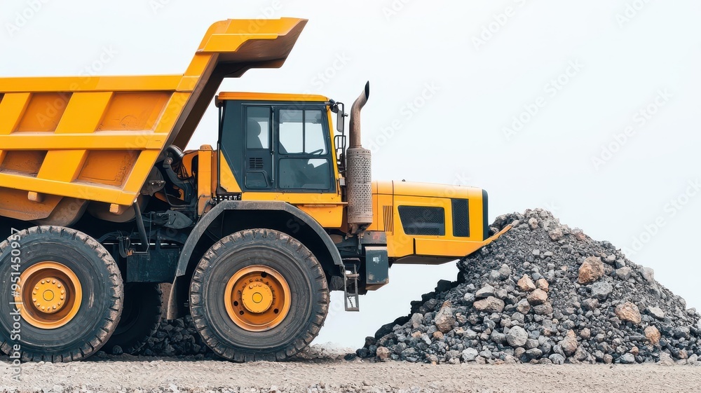 Heavy-duty dump trucks unloading gravel, flat vector style, rugged industrial colors Heavy-duty dump trucks unloading gravel, flat vector style, rugged industrial colors