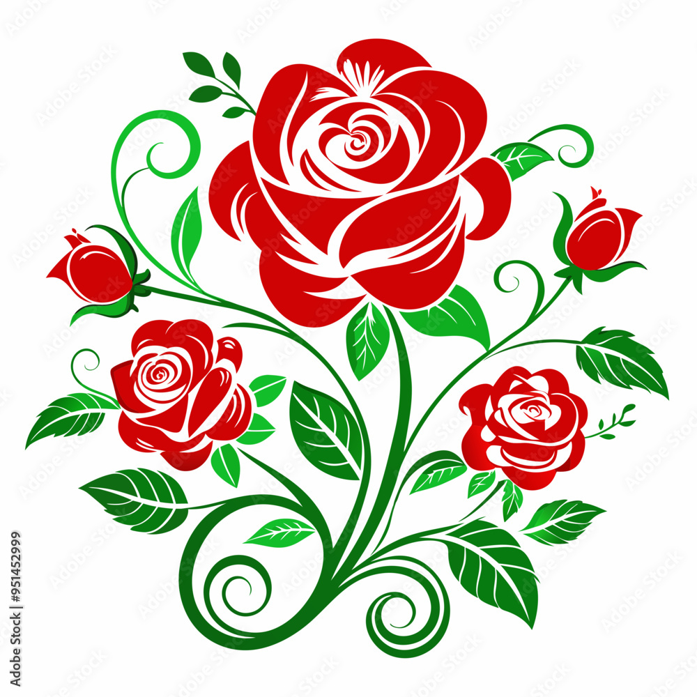 Red Floral Design with Detailed Rose, Swirling Vines, and Green Leaves on White Background Red Floral Design with Detailed Rose, Swirling Vines, and Green Leaves on White Background