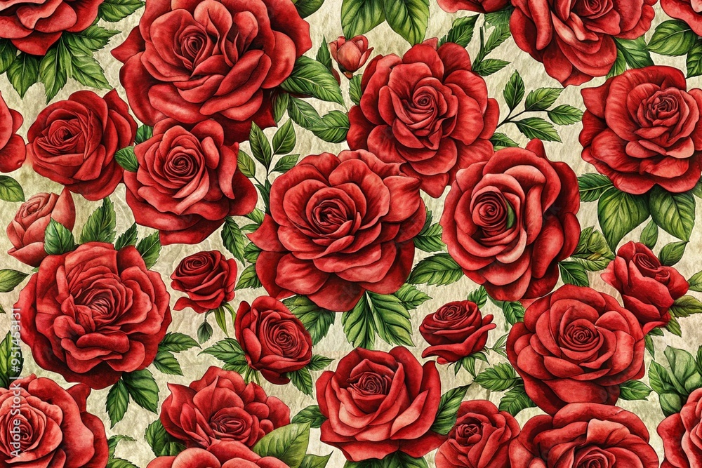 a pattern of red roses with green leaves on a light-colored background. The roses are in full bloom, and the pattern is dense, with the flowers and leaves overlapping each other a pattern of red roses with green leaves on a light-colored background. The roses are in full bloom, and the pattern is dense, with the flowers and leaves overlapping each other
