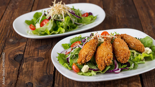 Delicious crispy fried chicken served on a white plate with salad.