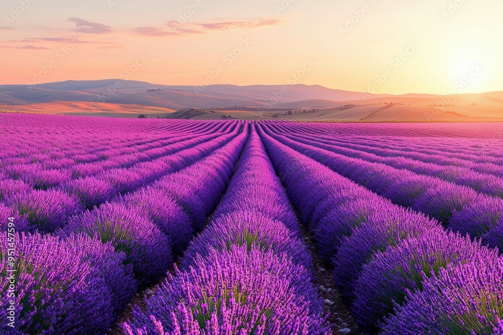 Lavender Field at Sunset with Rolling Hills in the Background Lavender Field at Sunset with Rolling Hills in the Background