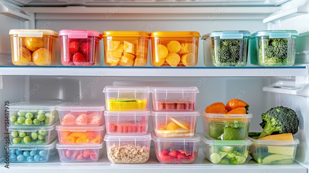Organized Refrigerator with Vibrant Lunch Boxes for Meal Planning Efficiency Organized Refrigerator with Vibrant Lunch Boxes for Meal Planning Efficiency