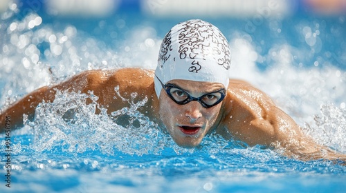 A swimmer splashes into the pool, showcasing their diving technique before the race begins