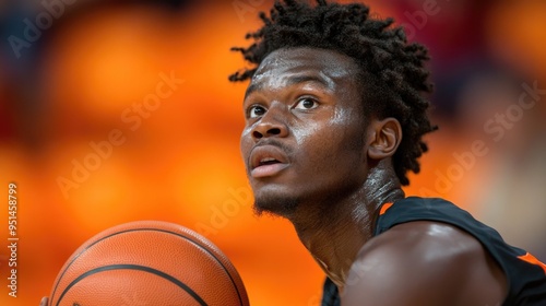 A student athlete releases the basketball while concentrating on scoring during the game