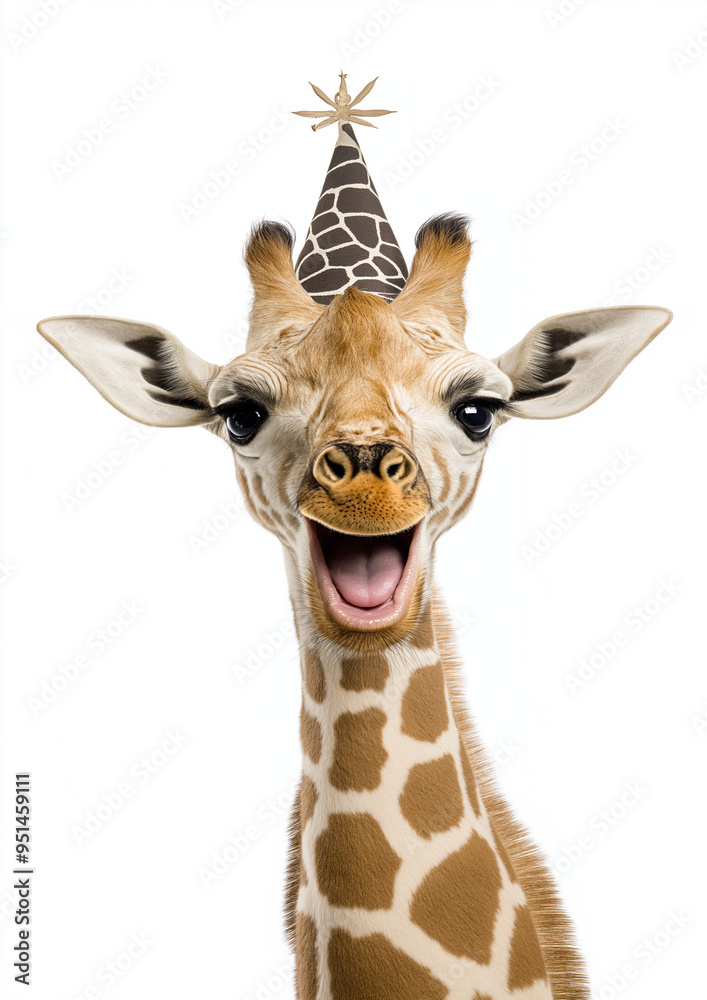 Fototapeta premium Hyped Giraffe with Open Mouth Showing Surprised Excitement, Greeting Card Concept