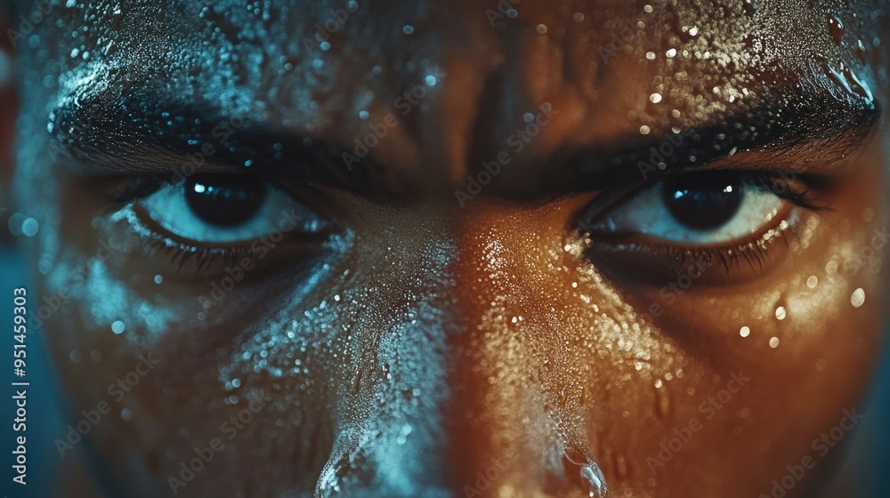 A determined college track athlete focuses intently before the race, sweat glistening on his skin A determined college track athlete focuses intently before the race, sweat glistening on his skin