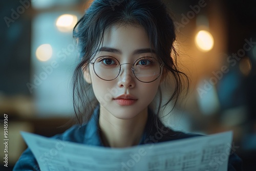 Focused Asian Businesswoman Reading Document