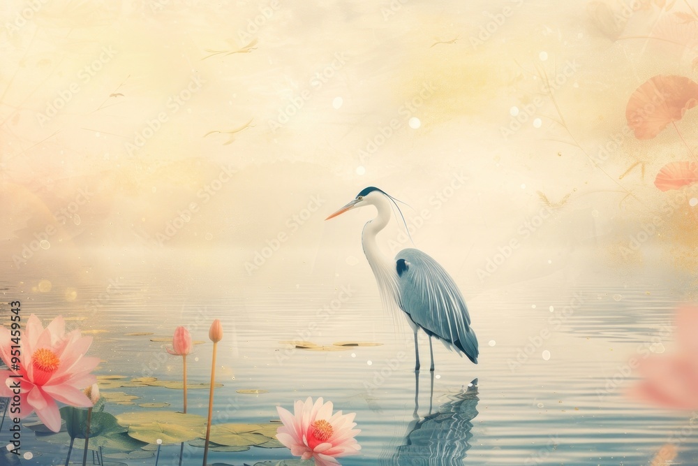 Naklejka premium Heron on a calm lake outdoors animal nature.