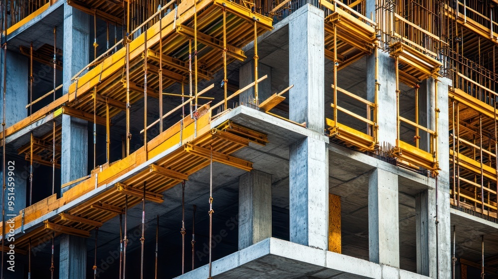 Modern construction site with concrete and steel structures 