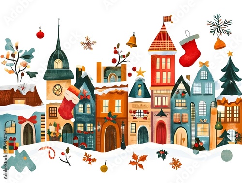 Whimsical and Playful Holiday Banner with Vibrant Digital of Festive Town Square Scene