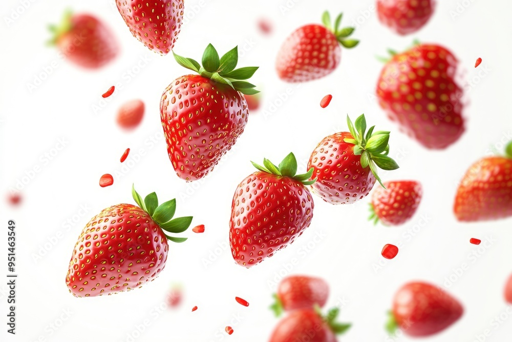3d realistic vector illustration banner. Falling red strawberries banner. Isolated on white background with generative ai