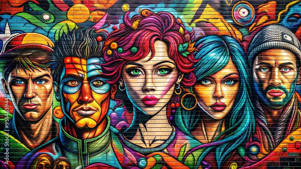 Obraz premium Pop art-inspired graffiti mural with diverse faces, vibrant street art