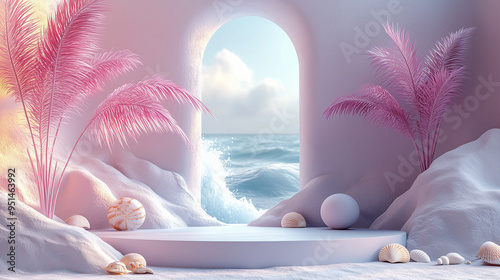 Surreal Pink Palm Trees by the Ocean. A dreamy pastel landscape with pink palm trees, seashells, and a calm ocean view through an arch, blending fantasy with tropical beauty. photo