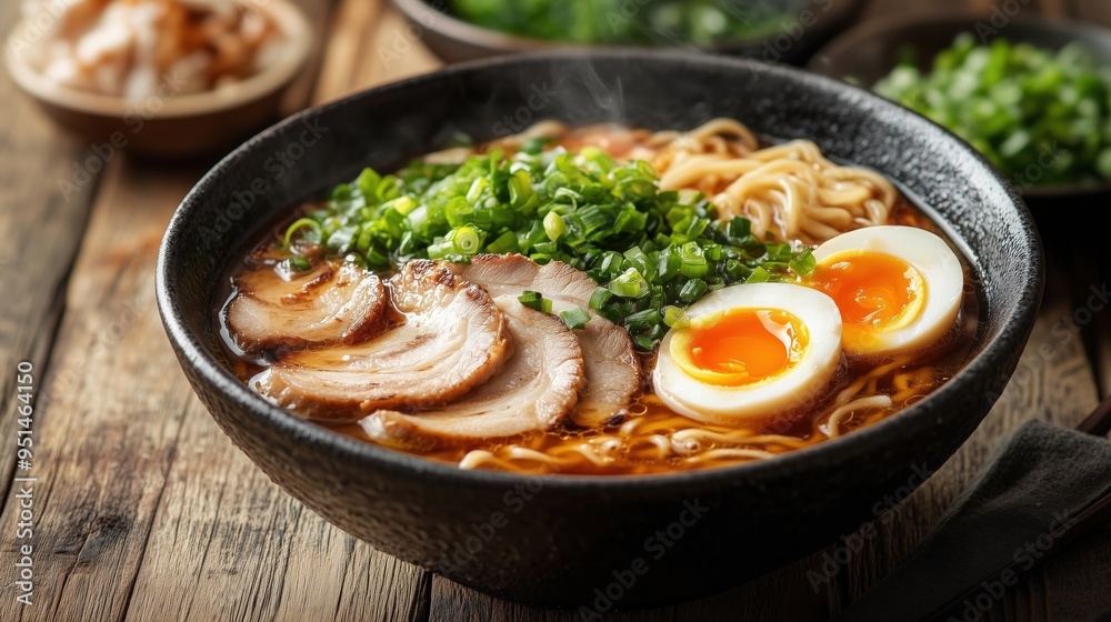 Authentic ramen bowl with steaming hot broth, perfectly cooked noodles, soft-boiled egg, sliced pork, and fresh green onions, captured with a rustic wooden background, copy space for stock photo with Authentic ramen bowl with steaming hot broth, perfectly cooked noodles, soft-boiled egg, sliced pork, and fresh green onions, captured with a rustic wooden background, copy space for stock photo with