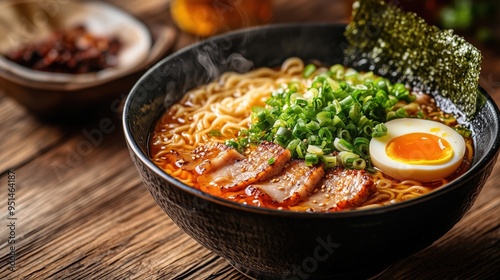 Authentic ramen bowl with steaming hot broth, perfectly cooked noodles, soft-boiled egg, sliced pork, and fresh green onions, captured with a rustic wooden background, copy space for stock photo with