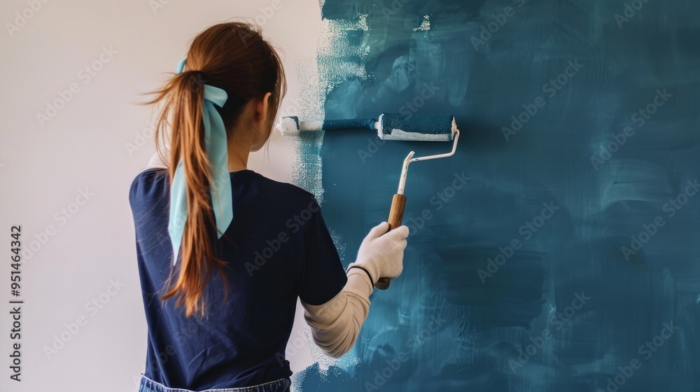 Fototapeta premium Woman Painting a Wall with a Blue Roller