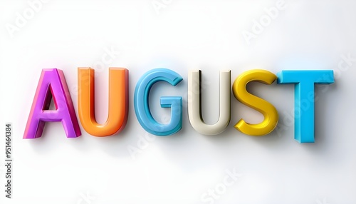 The word "AUGUST" is written with colorful letters on white background, 3D text Generative AI