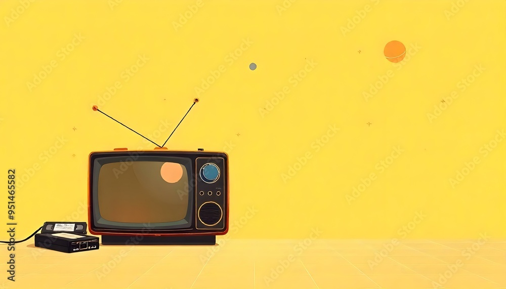 Obraz premium Vintage Retro TV Set with VHS VCR Tapes With Bright Yellow Background Text Template