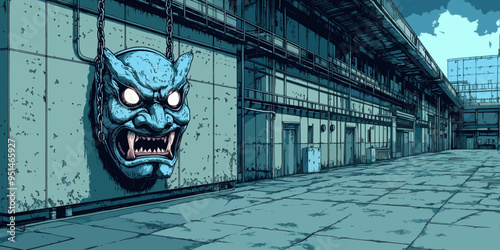 Sinister blue demon mask with glowing eyes mounted on an industrial building wall, creating an eerie and unsettling atmosphere