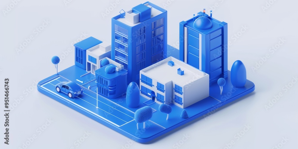 Create an isometric blue 3D mini city with modern high-rises and big windows Create an isometric blue 3D mini city with modern high-rises and big windows