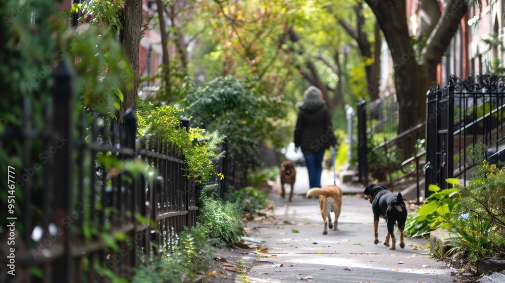 Woman walking three dogs down a sidewalk with greenery. Woman walking three dogs down a sidewalk with greenery.