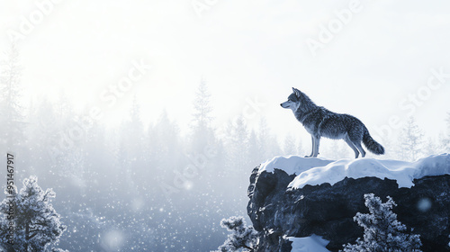 A wolf stands on a snowy rock overlooking a misty forest.

