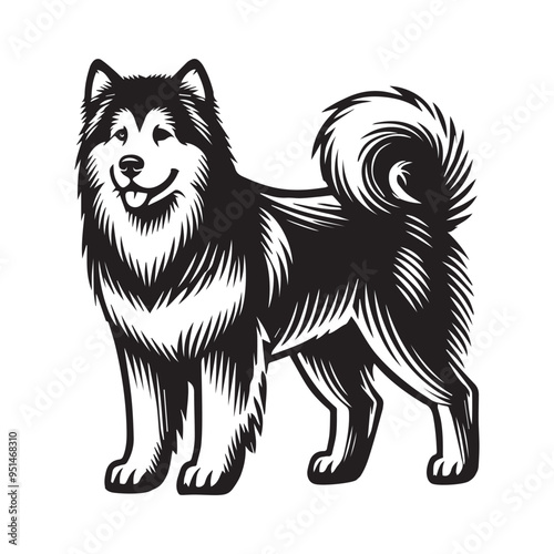 Alaskan Malamute Dog Standing - standing dog side view Vector illustration in black and white
