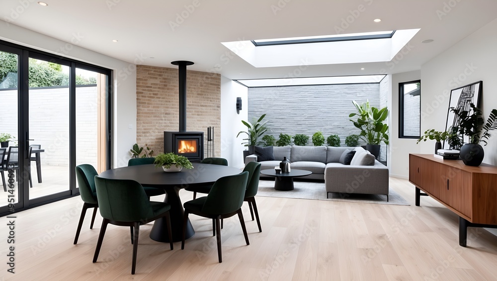 open-concept living and dining area with a minimalist design. open-concept living and dining area with a minimalist design.