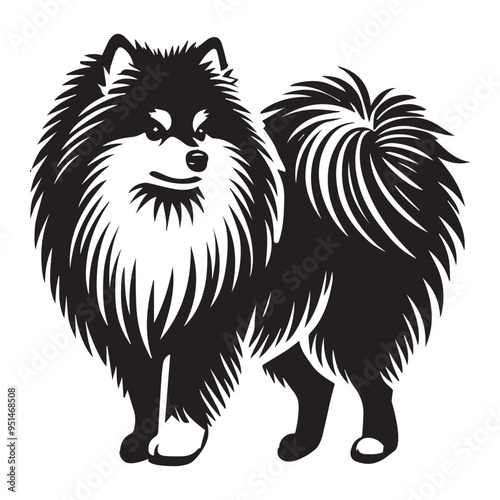 American Eskimo Dog Standing - standing dog side view Vector illustration in black and white 