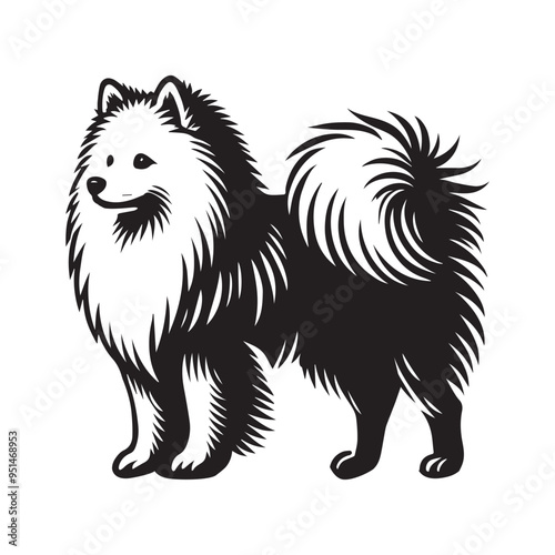 American Eskimo Dog Standing - Dog silhouette - standing dog side view Vector illustration in black and white
