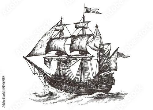 Pirate ship sailboat retro sketch hand drawn engraving. Vector illustration desing. photo