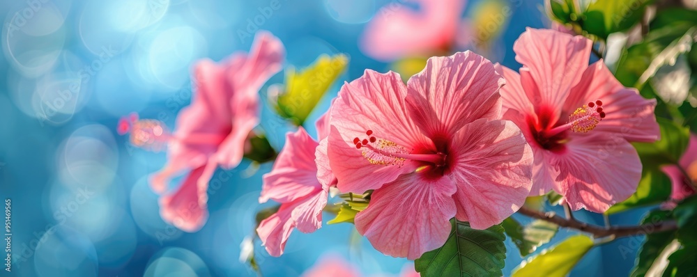 beautiful banner with hibiscus flowers on a tree, bokeh background, copy space. ai generated beautiful banner with hibiscus flowers on a tree, bokeh background, copy space. ai generated