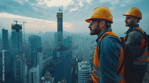 Construction workers in hard hats on a city skyscraper rooftop, teamwork, progress, skyline view, cityscape. Generative AI.