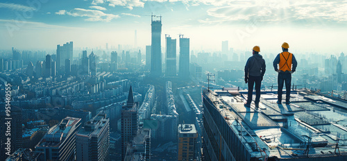 Construction workers in hard hats on a city skyscraper rooftop, teamwork, progress, skyline view, cityscape. Generative AI.