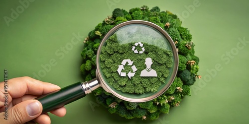 Magnifying Glass Focusing on ESG Evergreen Concept with Recycling and Sustainability Icons on Green Background