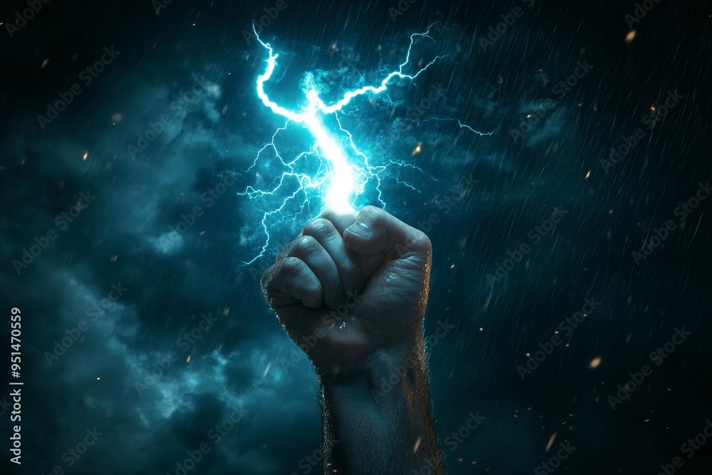 A hand holding a lightning bolt in the rain A hand holding a lightning bolt in the rain