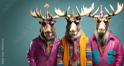 Fototapeta Naklejka Na Ścianę i Meble -  Creative animal concept. Group of moose in funky Wacky wild mismatch colourful outfits on bright background advertisement, copy space. birthday party invite invitation banner	
