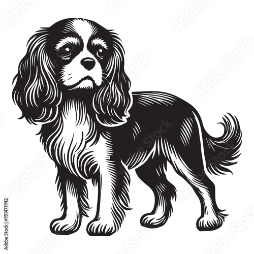 Cavalier King Dog Standing - Dog silhouette - standing dog side view Vector illustration in black and white
