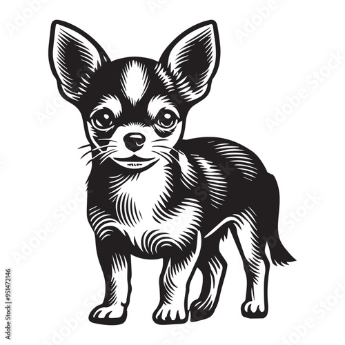 Chihuahua Dog Standing silhouette - standing dog side view Vector illustration in black and white 