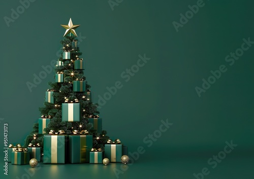 Christmas Tree decorated with dark green christmas gifts with golden ribbons, dark green background with copy space, minimalistic banner for christmas advertising