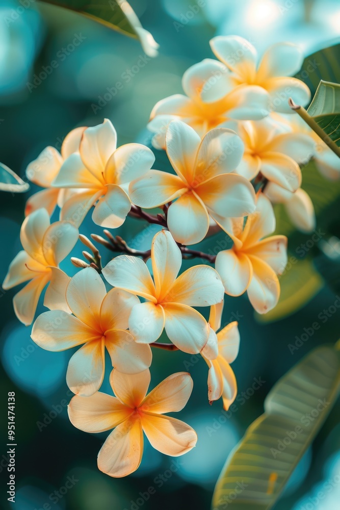 Fototapeta premium Plumeria flower on bokeh nature background. ai generated